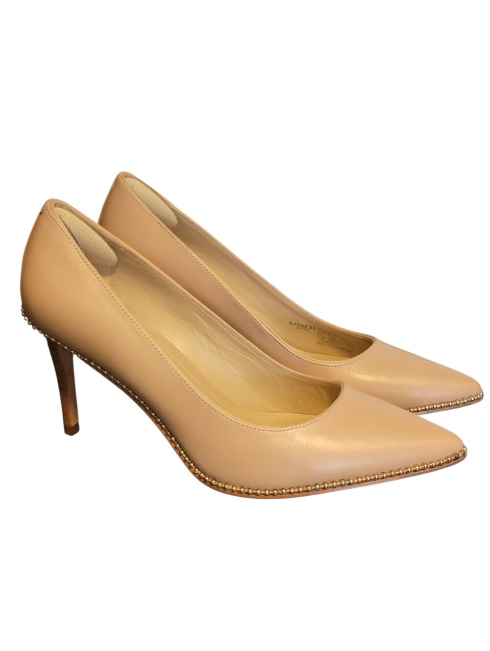 COACH Nude Smith Bead Chain Leather Pointed Toe Pumps Heels Gold Bead Trim 7.5B